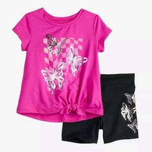 Jumping Beans Pink Tie-Front Tee Black Bike Shorts Set Foil Butterflies Size 3T